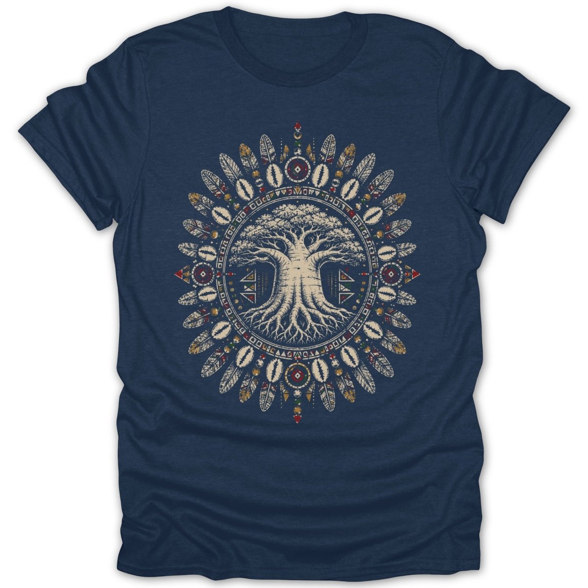 Navy t-shirt with a circular tree of life design featuring feathers and shells.