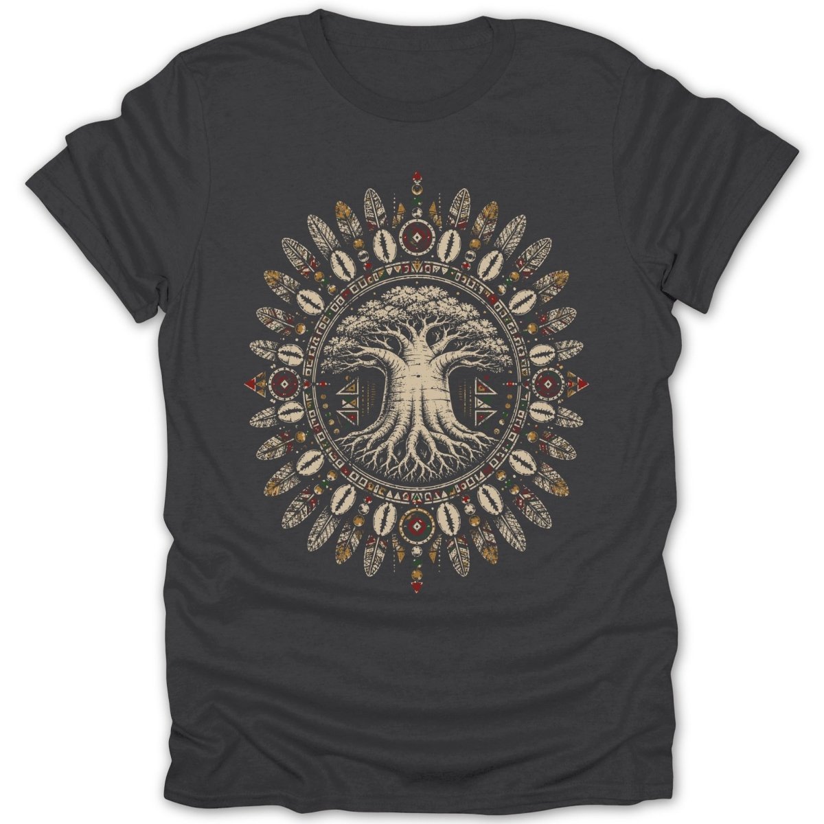 Dark t-shirt with a circular Native American-inspired tree of life design.