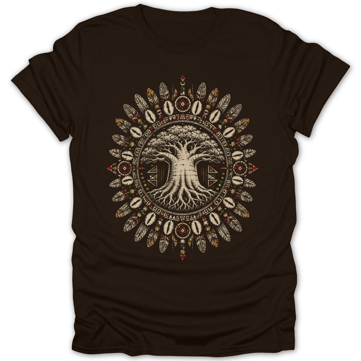 Brown t-shirt with a circular tribal design featuring a tree of life and feathers.