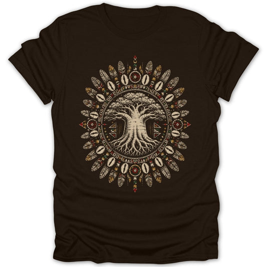 Brown t-shirt with a circular tribal design featuring a tree of life and feathers.