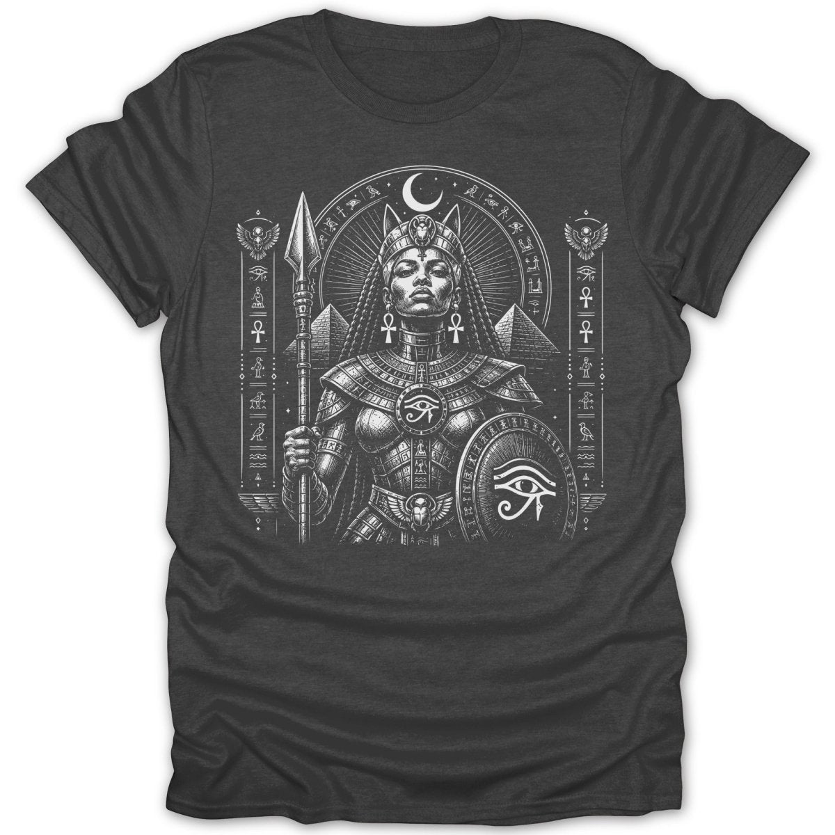 Egyptian warrior queen with spear and shield on dark t-shirt.