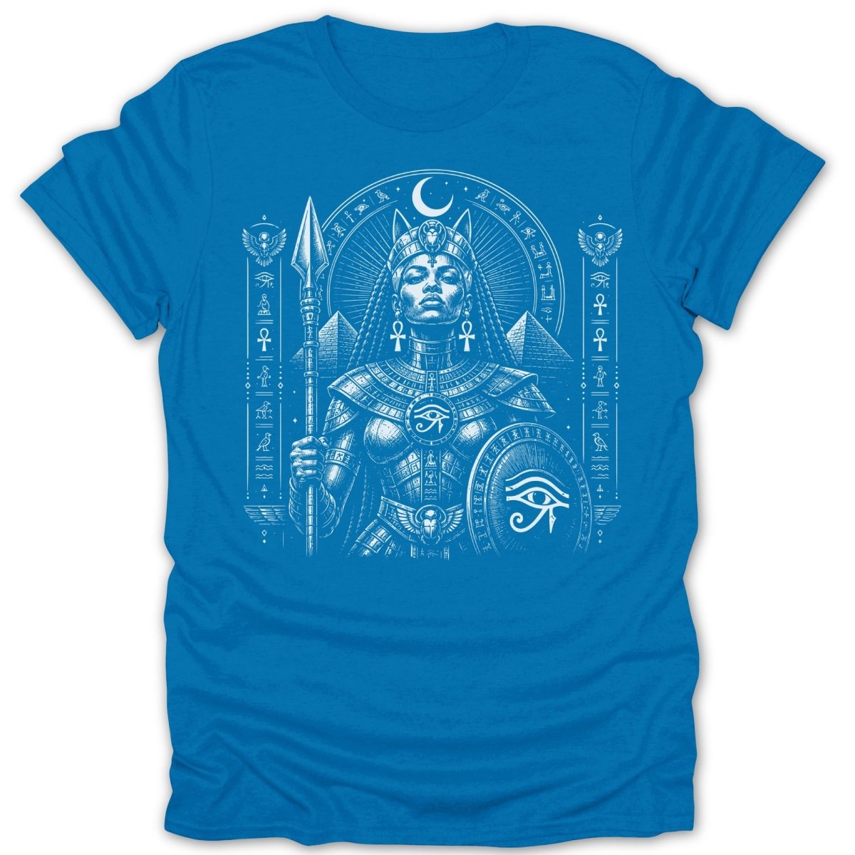 Blue t-shirt with Egyptian queen in armor, holding a spear and shield.