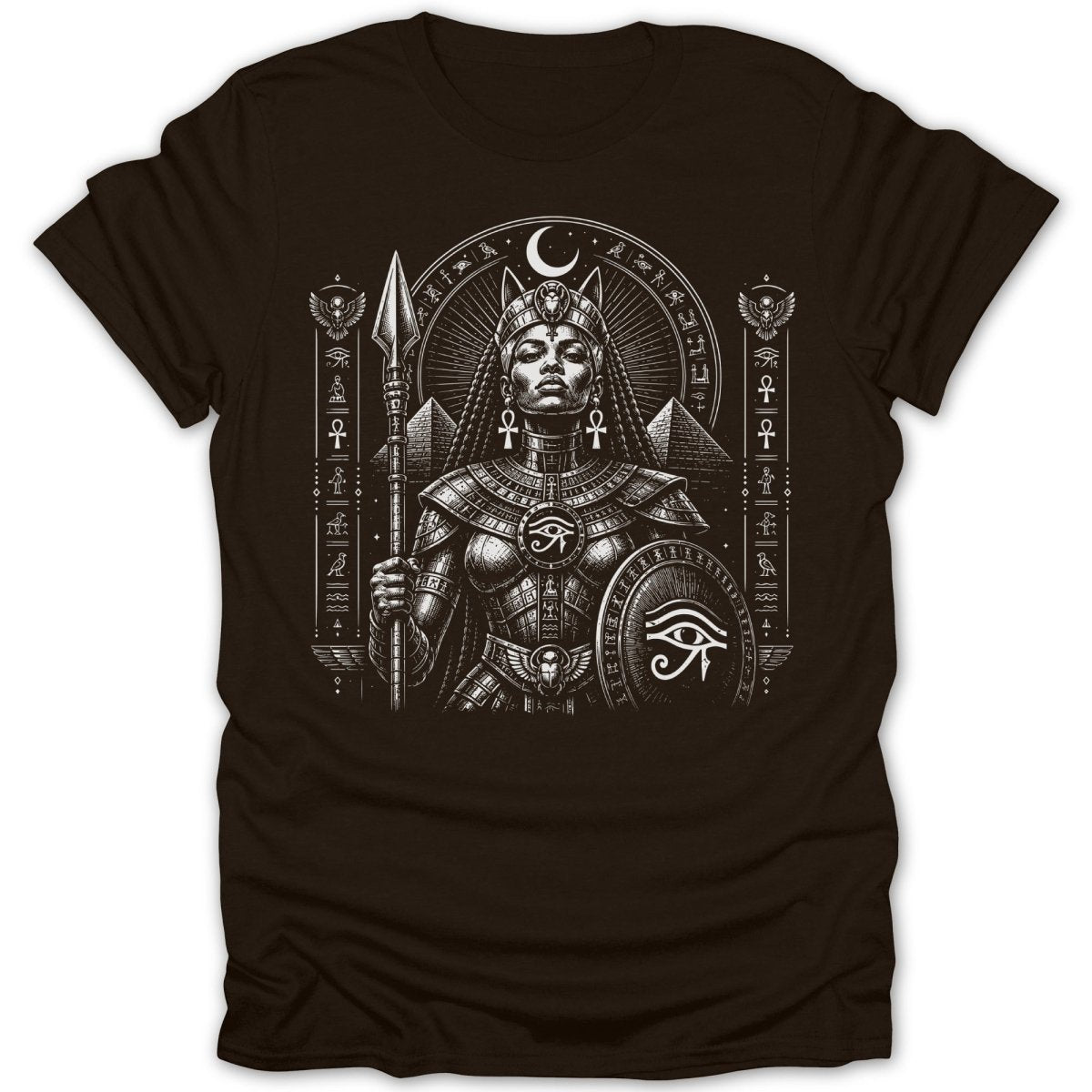 Egyptian warrior queen with spear and shield, pyramid and hieroglyph background.