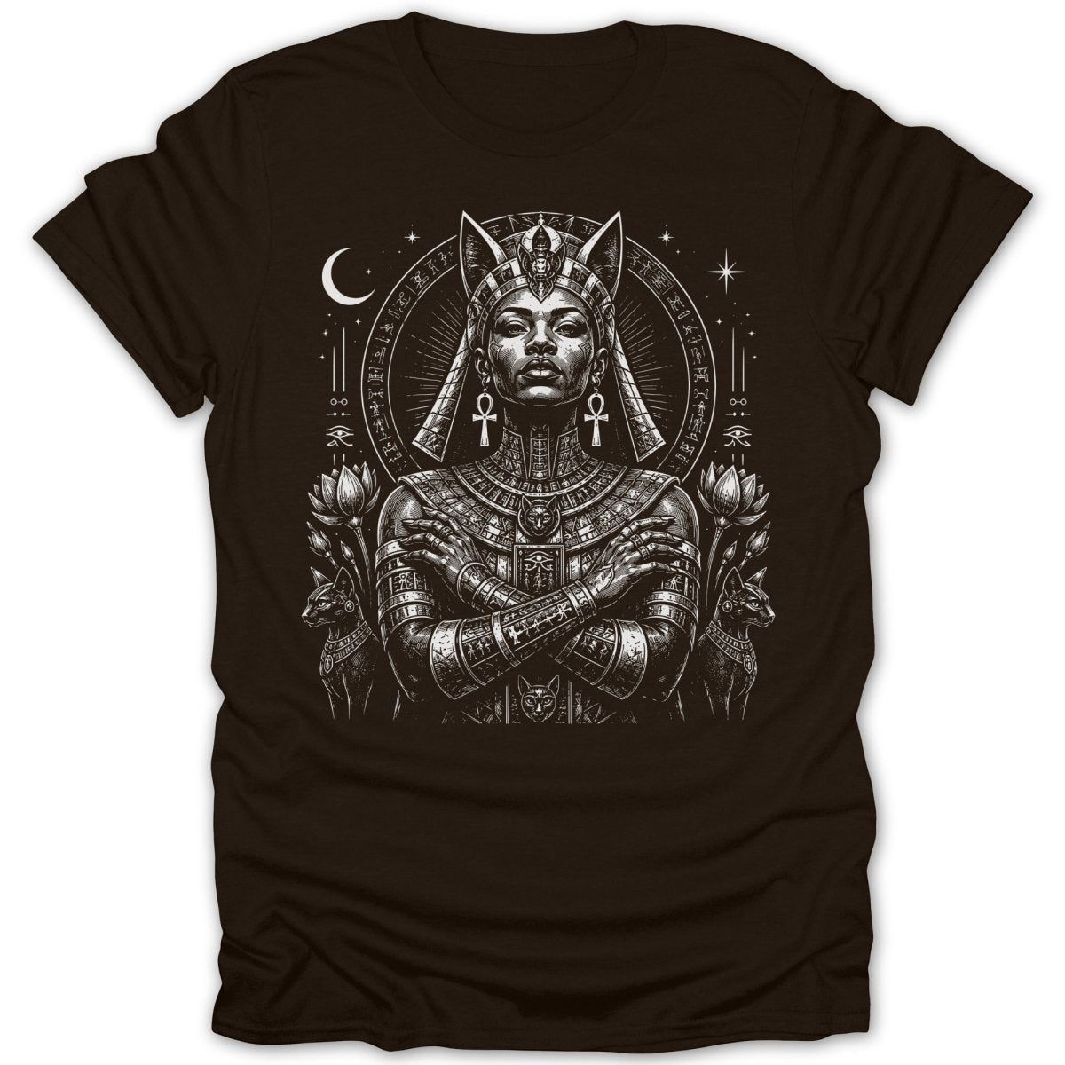 Egyptian queen with cats and Egyptian symbols on a black t-shirt.