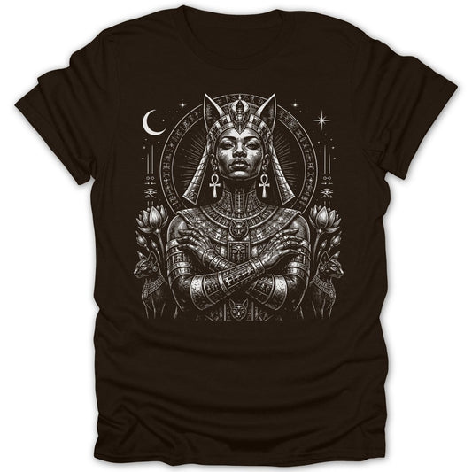 Egyptian queen with cats and Egyptian symbols on a black t-shirt.