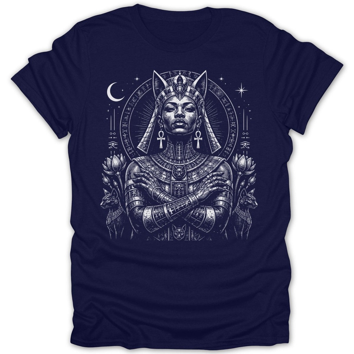 Egyptian queen with cats and celestial symbols on a dark t-shirt.