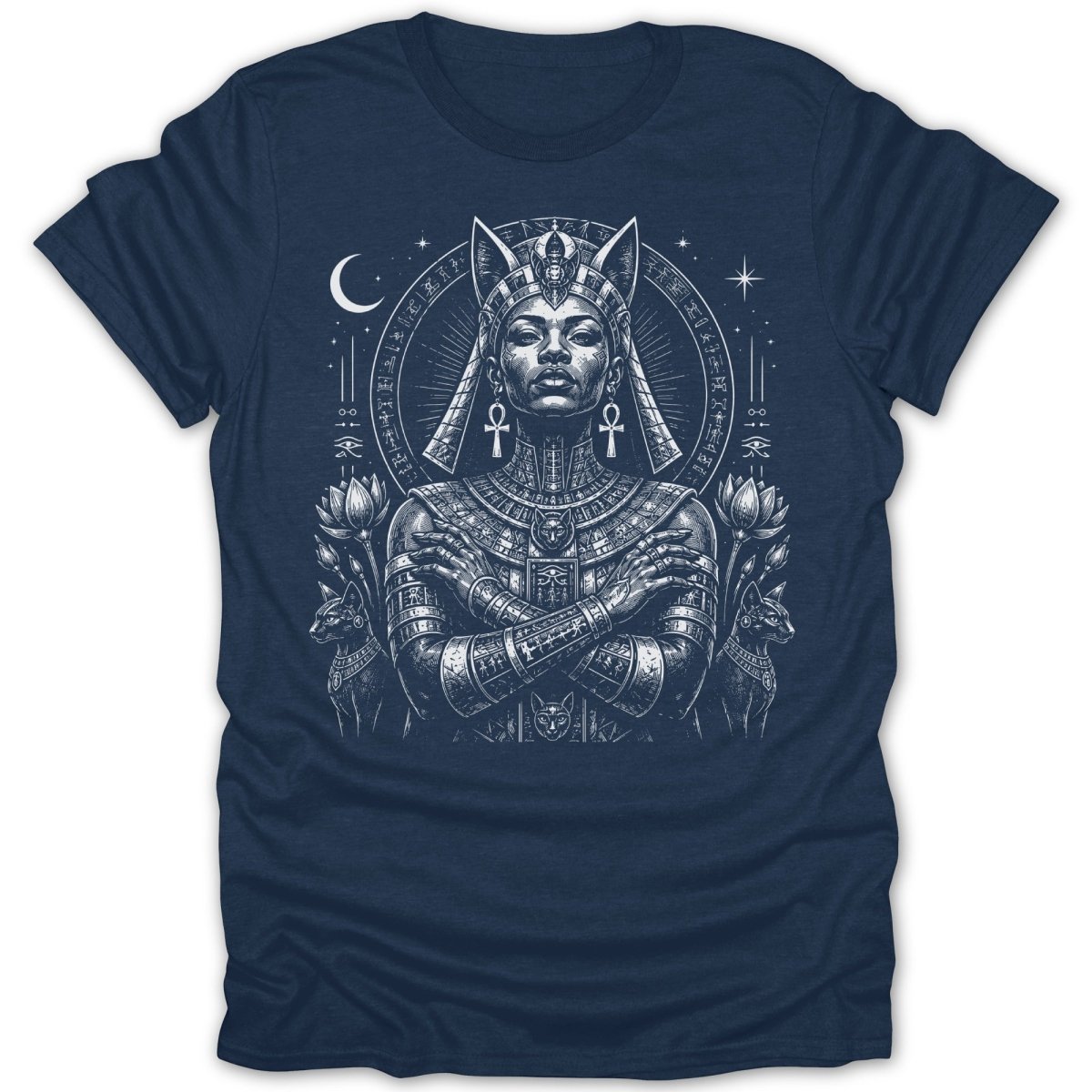 Egyptian queen with cats, lotus flowers, and celestial symbols.