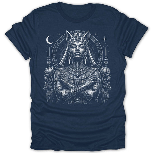 Egyptian queen with cats, lotus flowers, and celestial symbols.