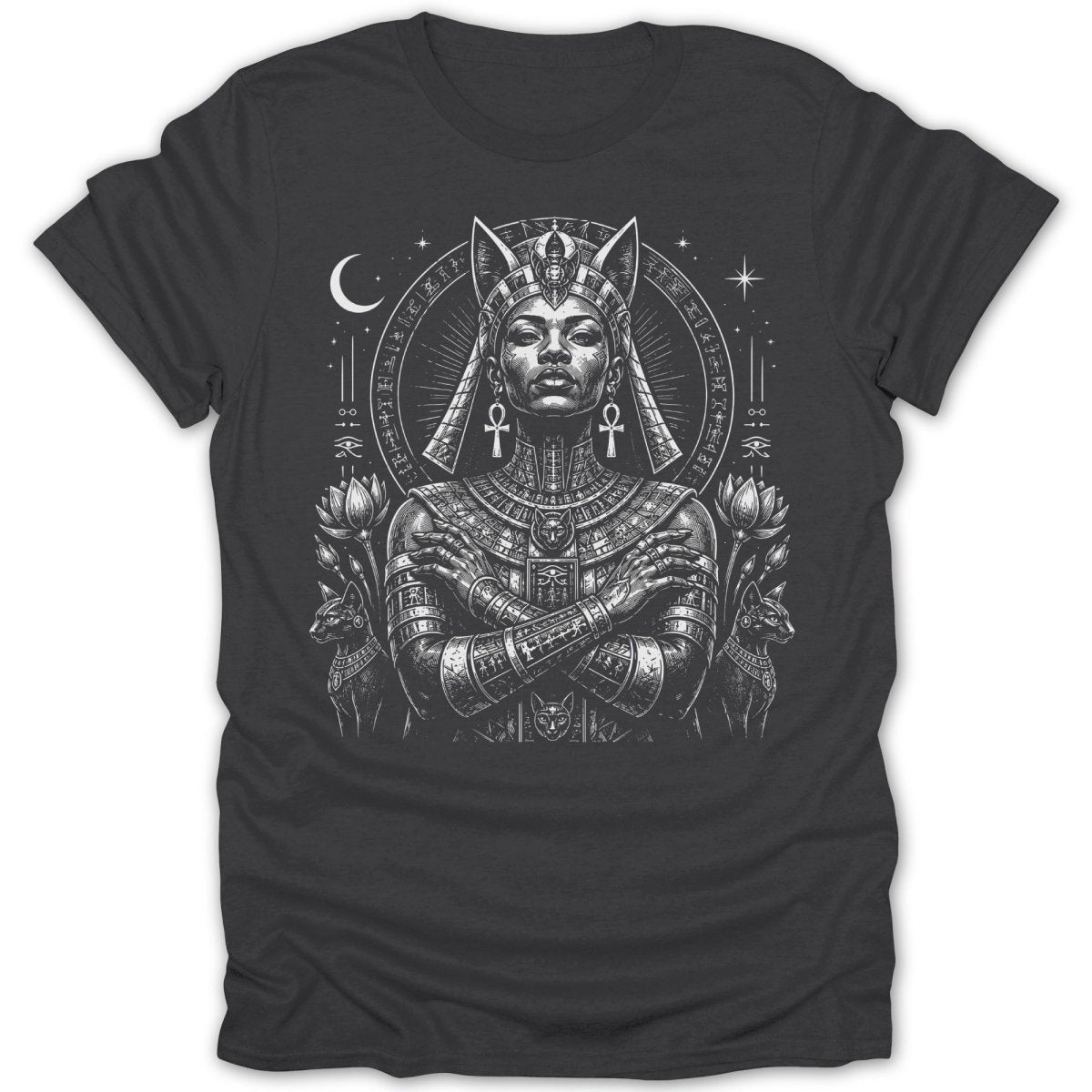 T-shirt with Egyptian queen wearing headdress, ankh, and flanked by cats.