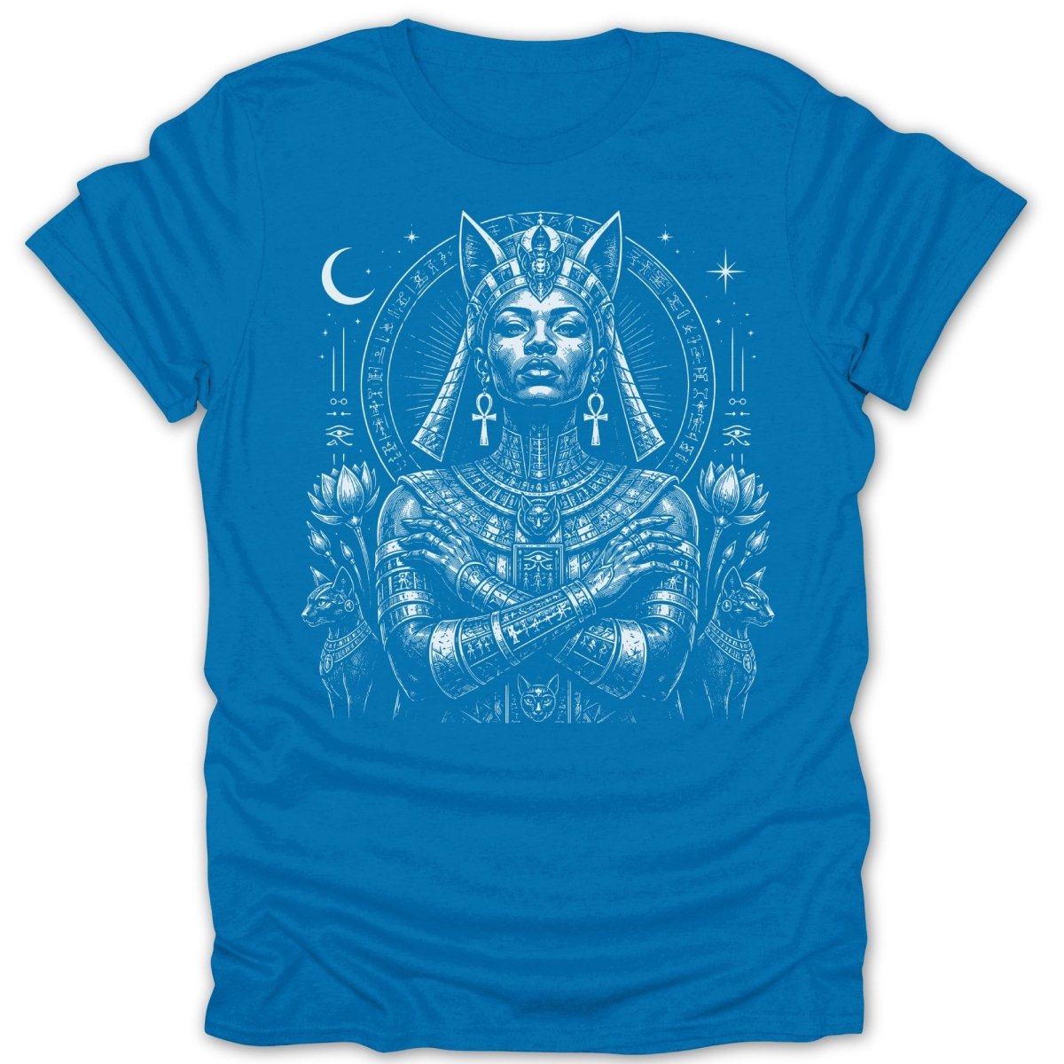 Egyptian queen with cats and celestial symbols on a blue t-shirt.