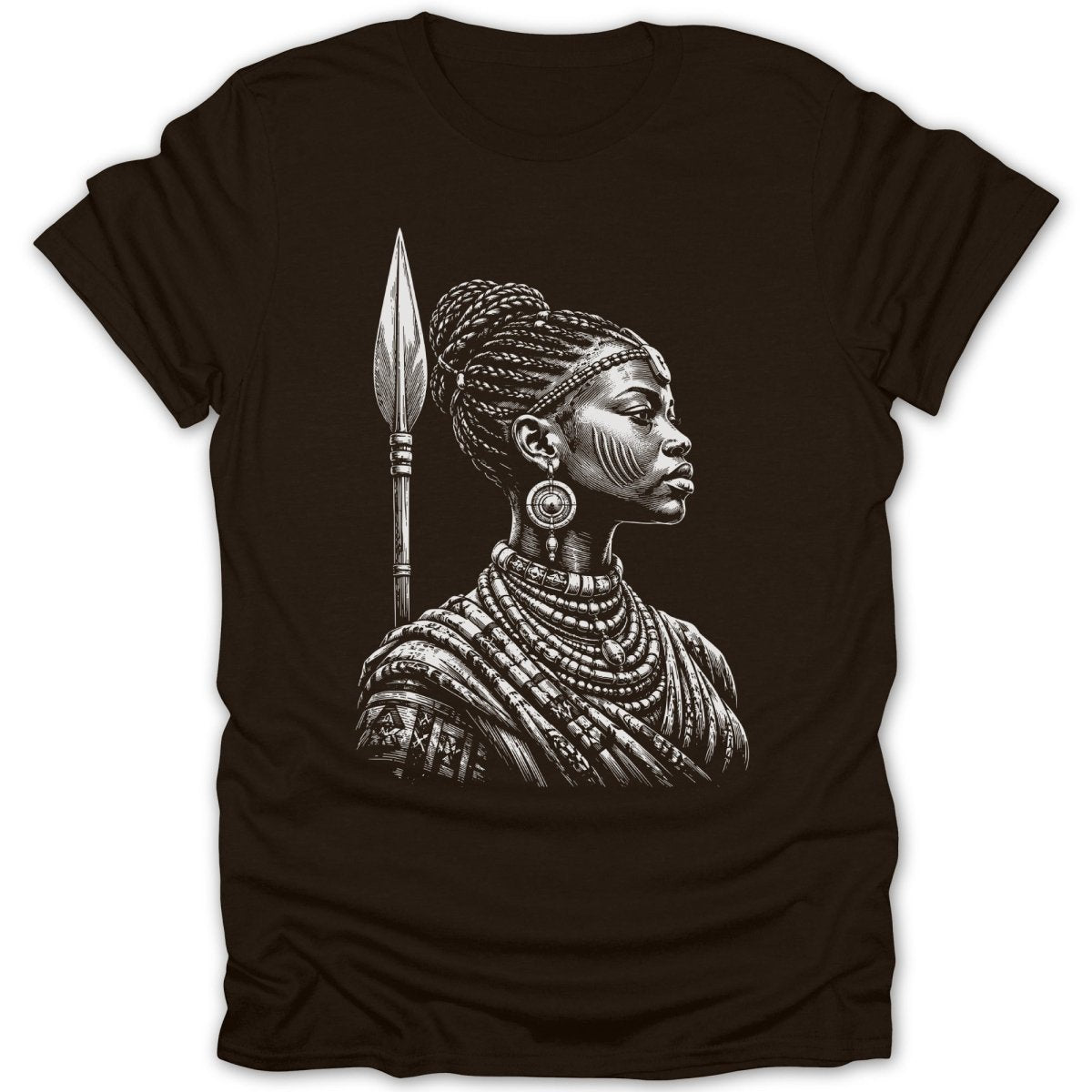 T-shirt with a black and white drawing of a woman with a spear.