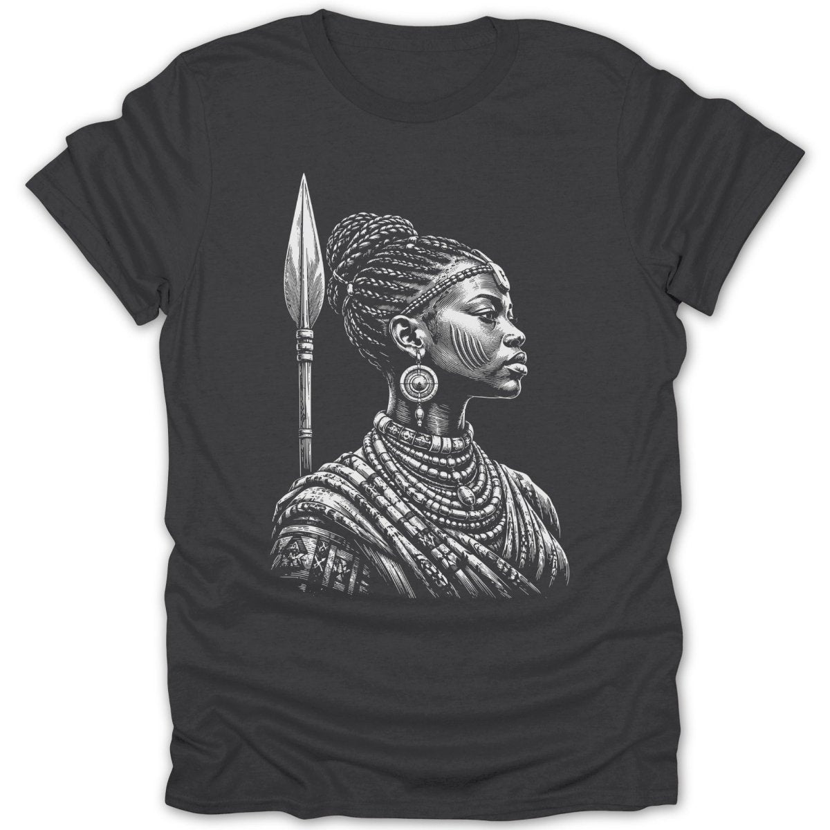 Charcoal t-shirt with a white illustration of a woman with braided hair holding a spear.