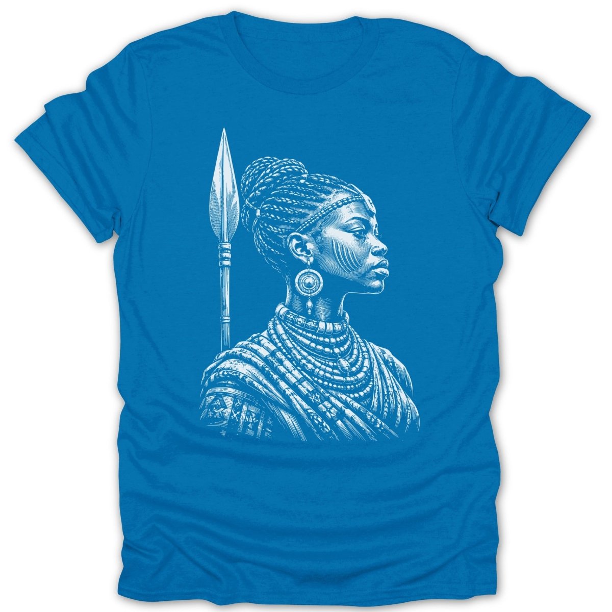 White line drawing of a warrior woman with a spear on a blue t-shirt.