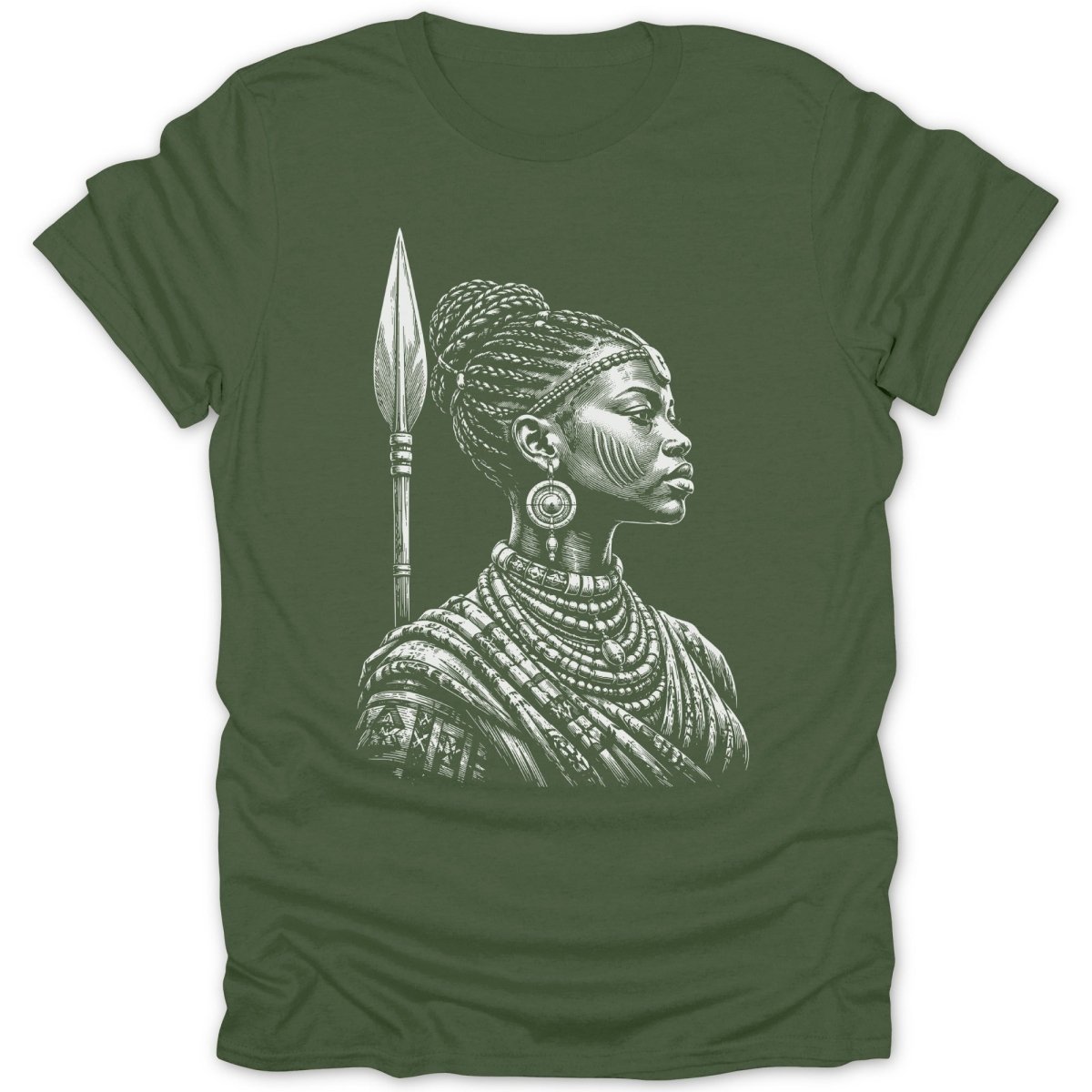 Line drawing of a woman with braided hair, jewelry, and a spear on a green t-shirt.