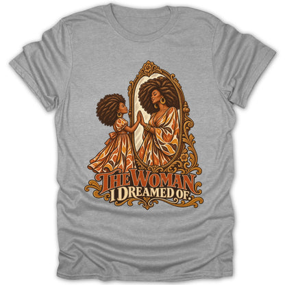 Illustration of a young Black woman looking in a mirror at her older self, with text.