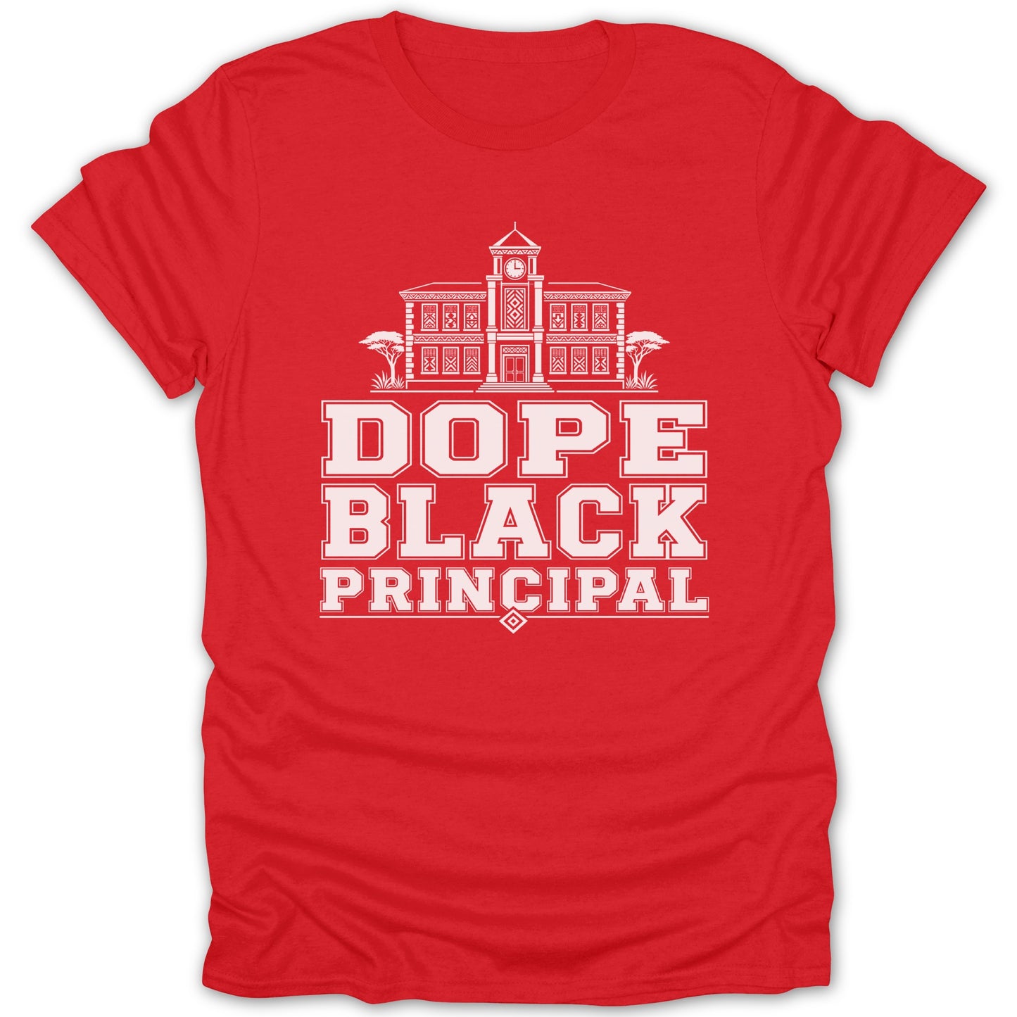 Red t-shirt with white text and graphic of a building.