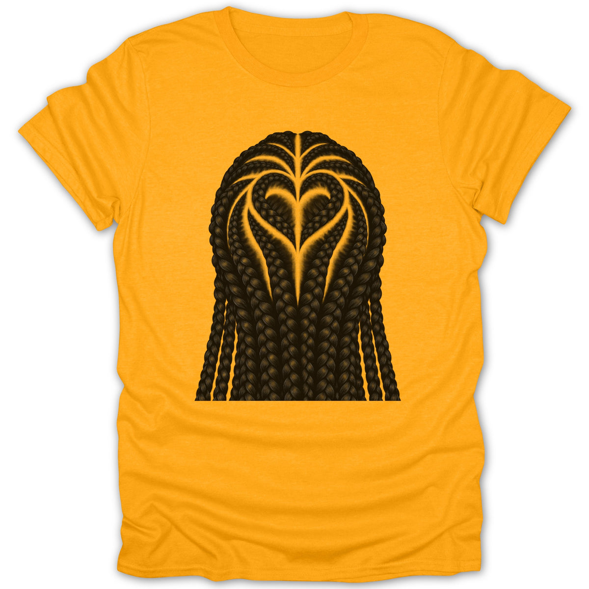 Yellow t-shirt with heart-shaped braid design on back.