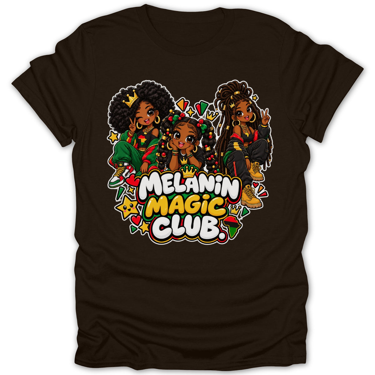 Three illustrated girls with crowns and text that says "MELANIN MAGIC CLUB."