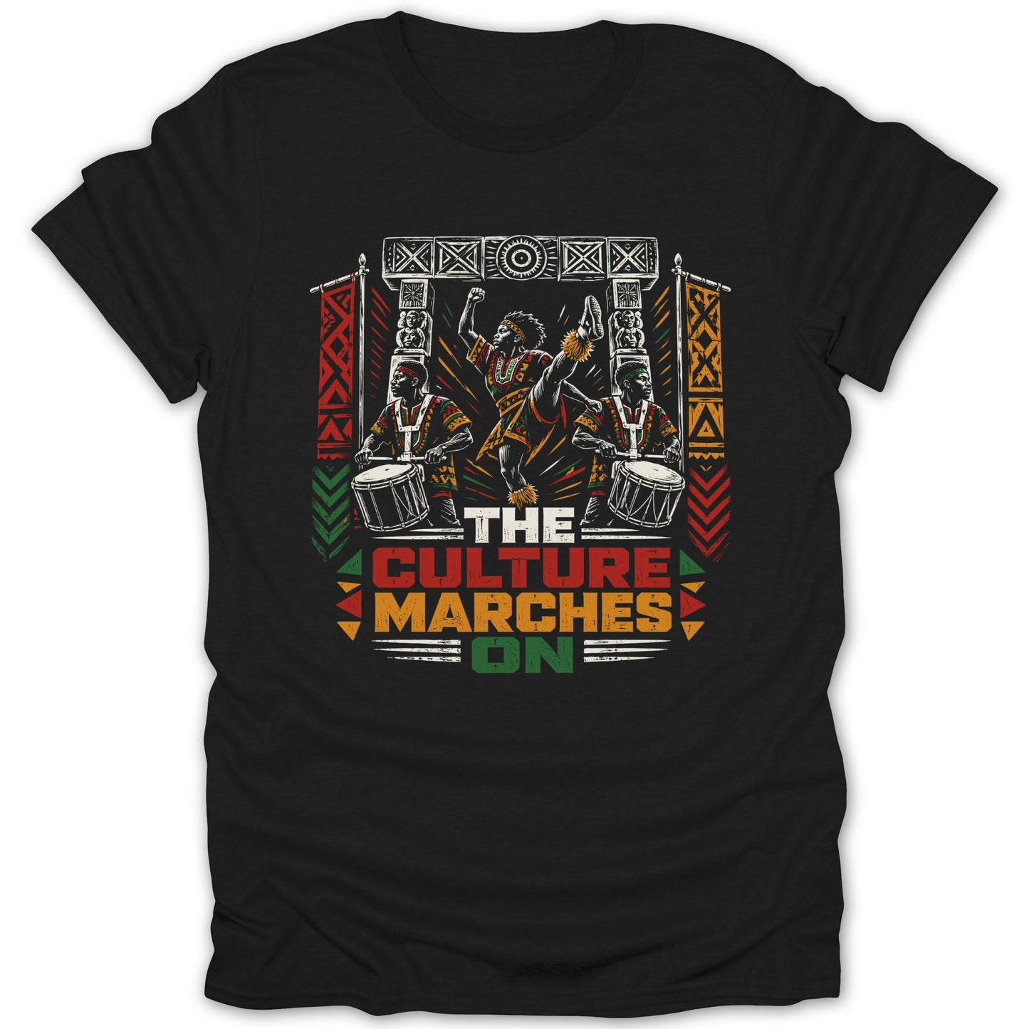 Black t-shirt graphic depicting dancers and drummers with text "THE CULTURE MARCHES ON".