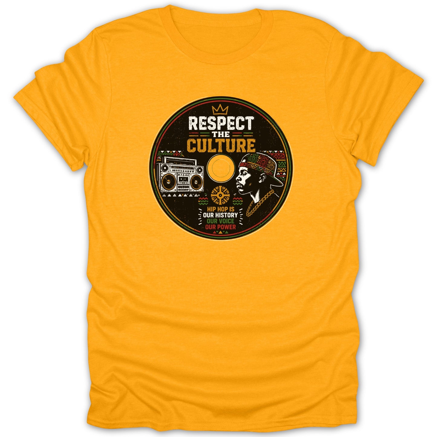 Yellow t-shirt with a circular design "Respect the Culture" and hip hop graphic.