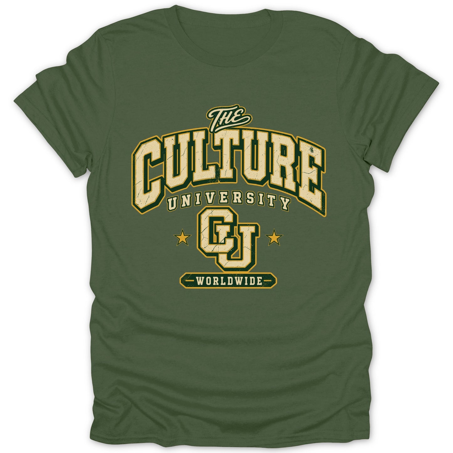 Green t-shirt with "The Culture University GJ Worldwide" text and distressed lettering.