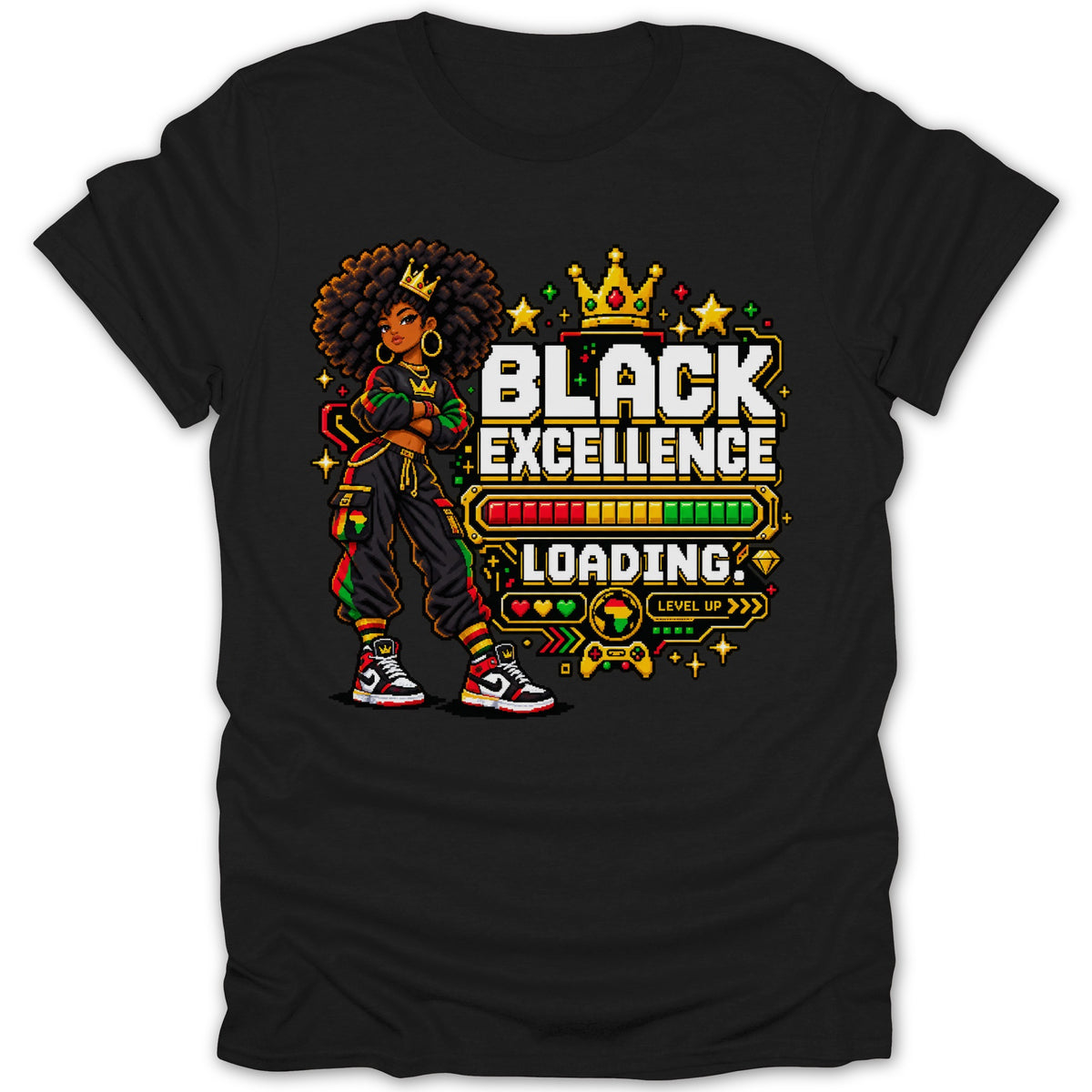 Black girl with crown, "Black Excellence Loading" text, and game controller icons.