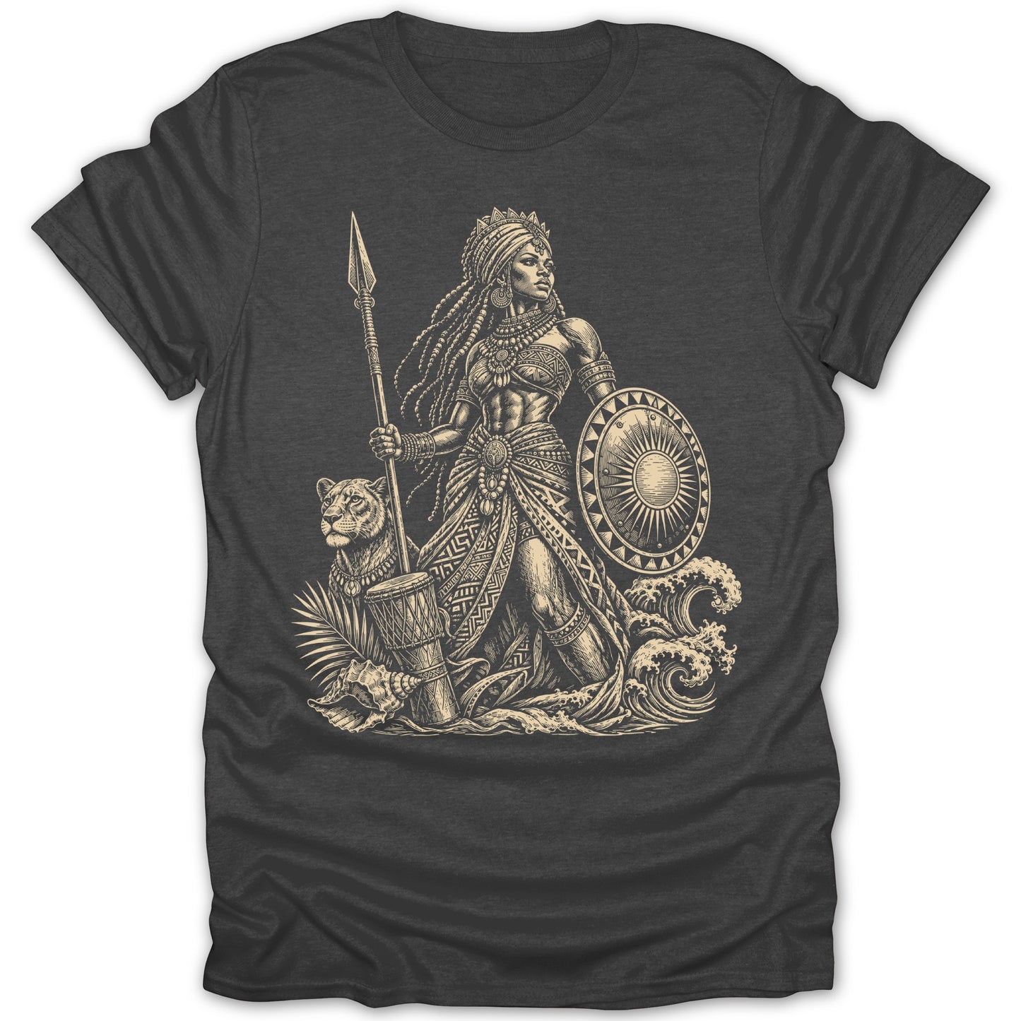 Warrior woman with spear and shield stands by lion and waves.