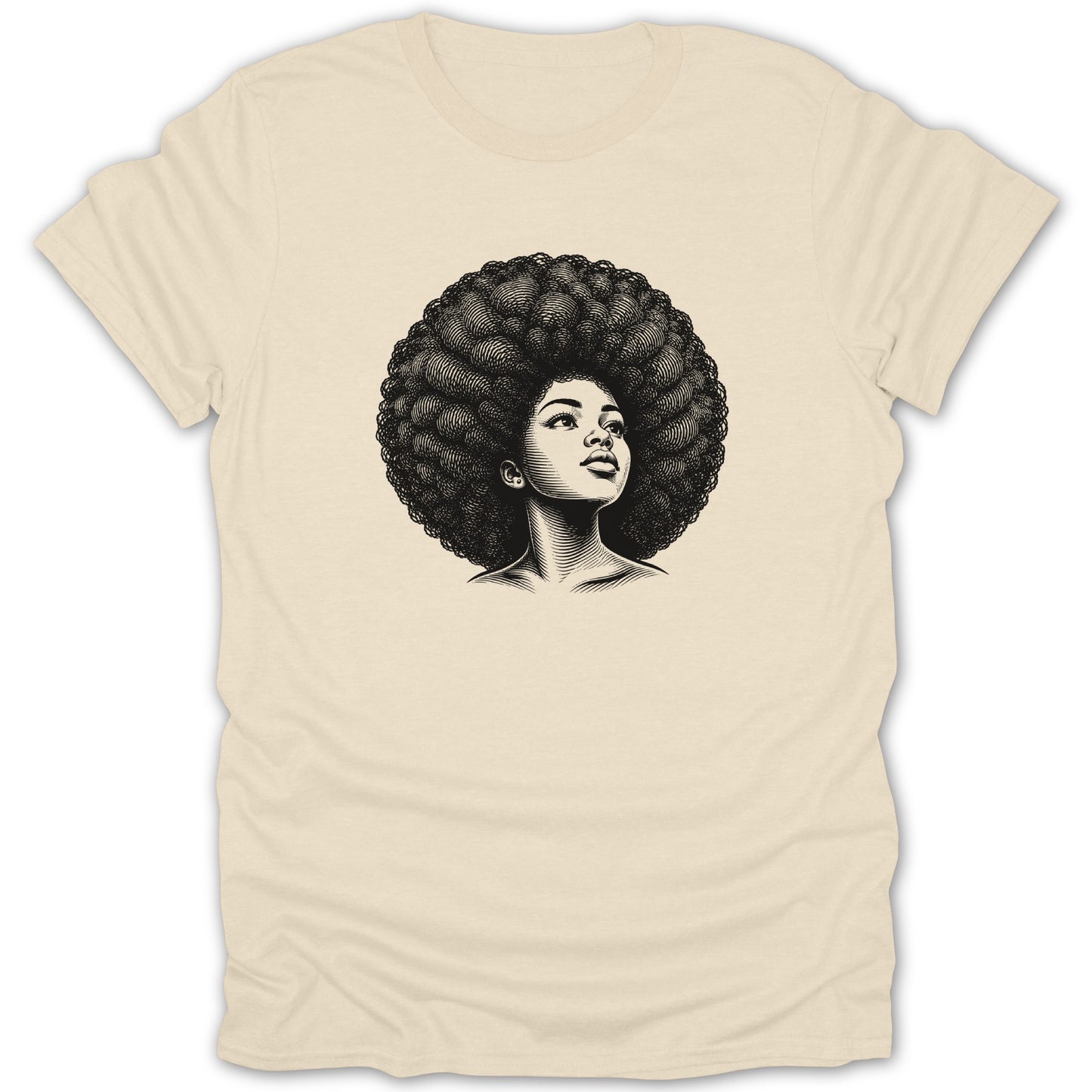 Black and white sketch of a woman with large afro hair looking upwards.
