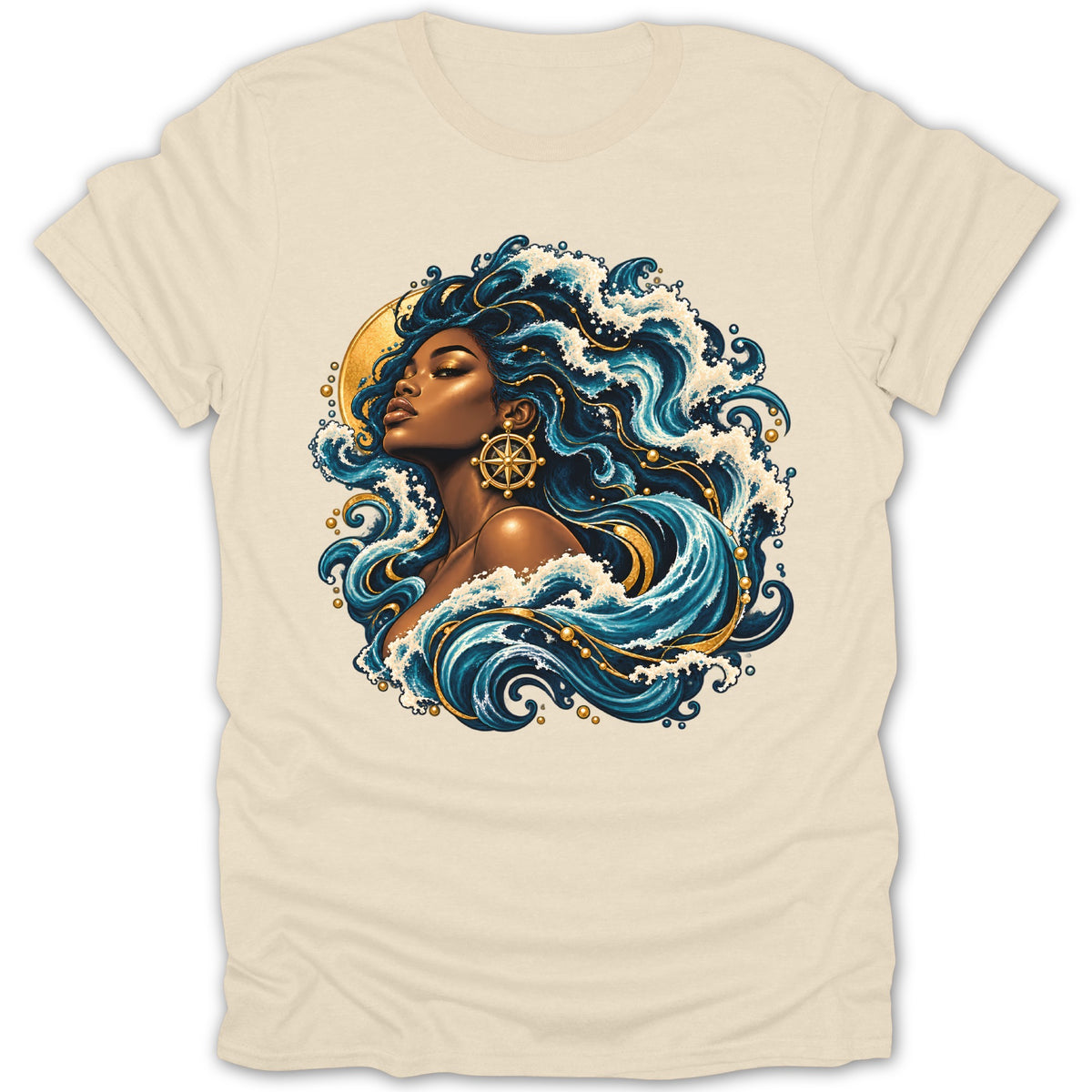 Woman with flowing blue hair and gold jewelry surrounded by waves and a golden sun.