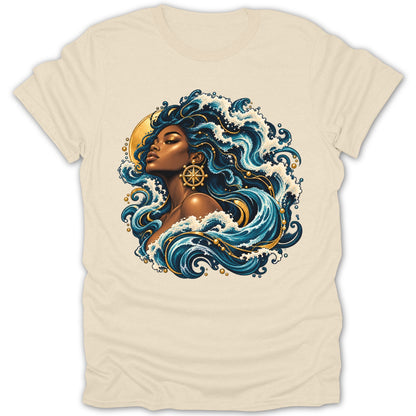 Woman with flowing blue hair and gold jewelry surrounded by waves and a golden sun.