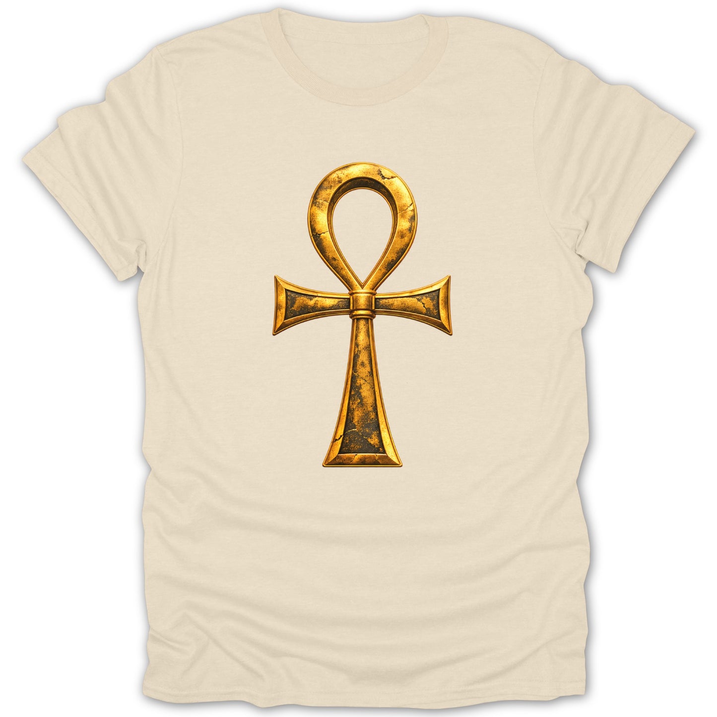 Cream t-shirt with a golden ankh symbol with distressed texture.