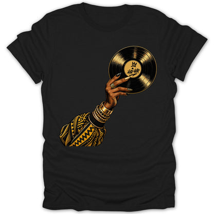 Black t-shirt featuring a hand holding a gold vinyl record with "Hip Hop" text.