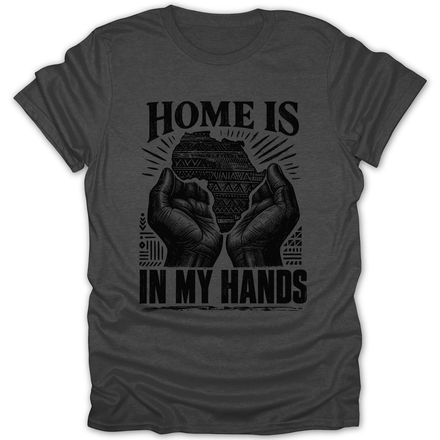 Dark gray t-shirt with black graphic of hands holding the continent of Africa.