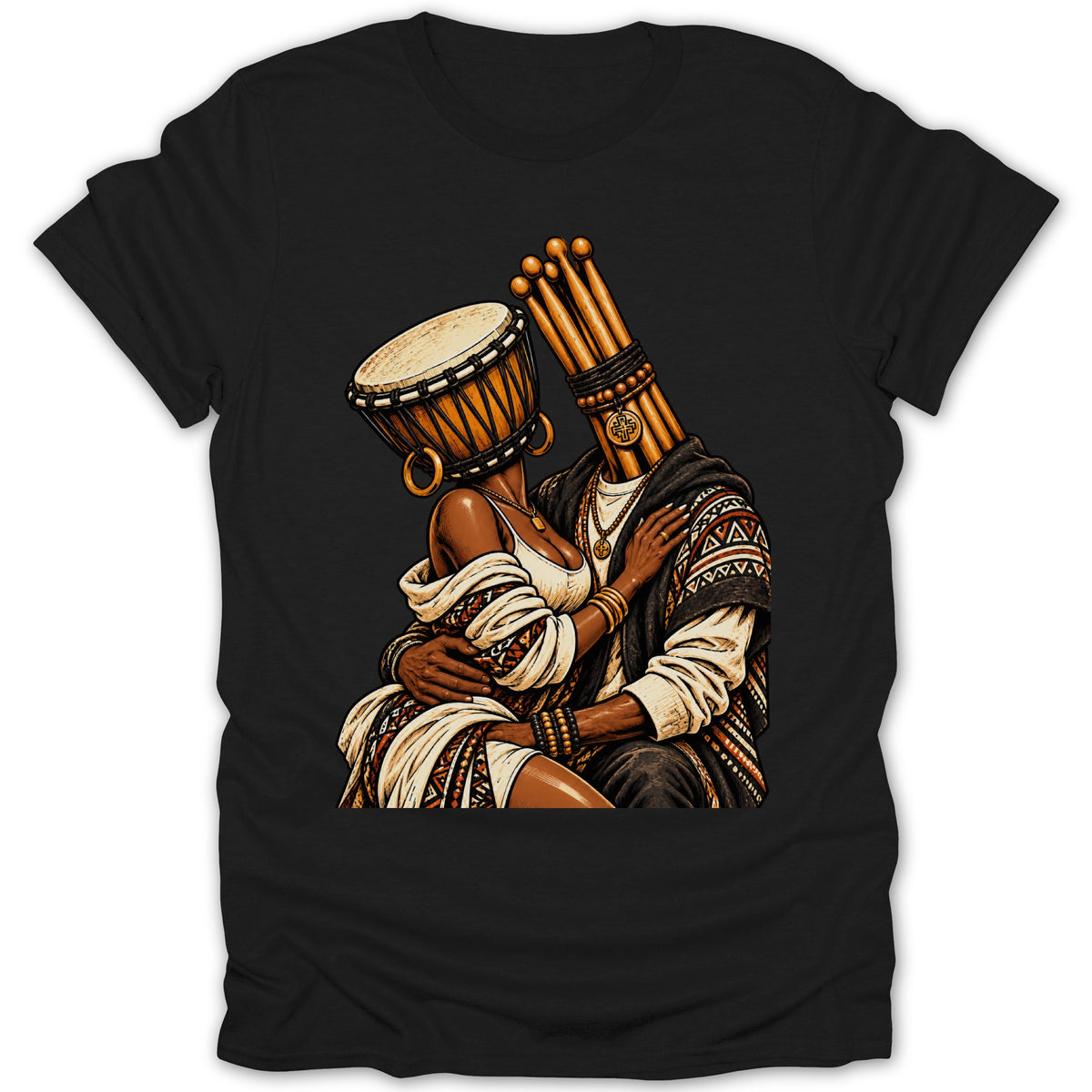 Illustration of a couple with drum and sticks for heads, embracing.