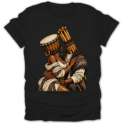 Illustration of a couple with drum and sticks for heads, embracing.
