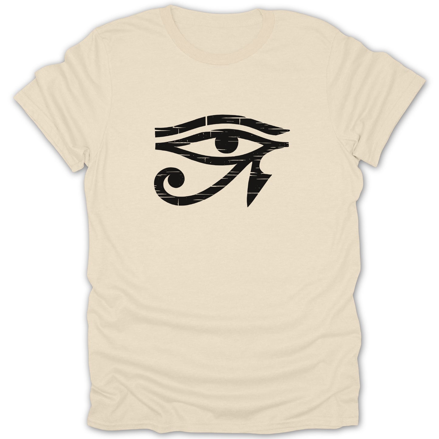 Cream t-shirt with a black distressed Egyptian Eye of Horus graphic.