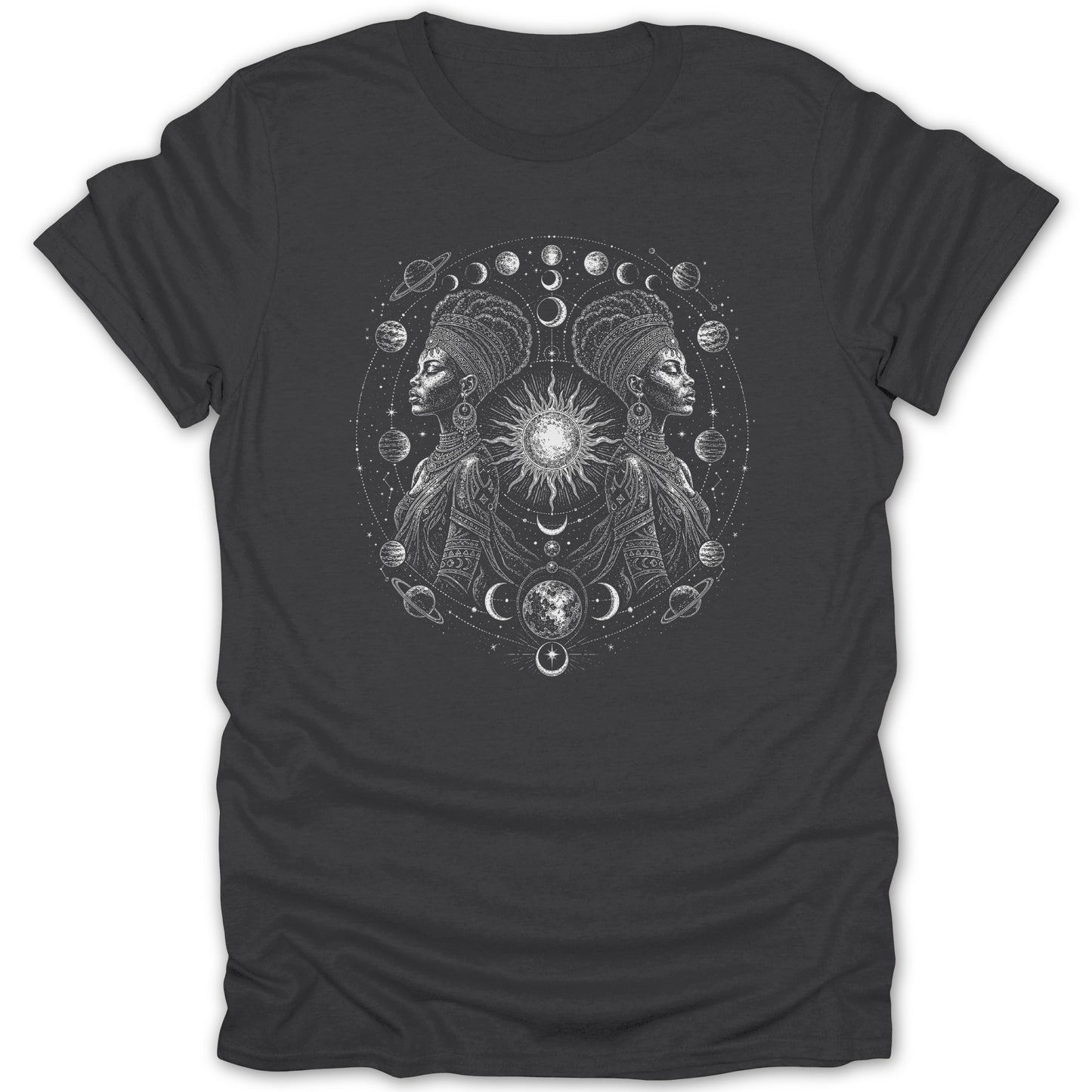 Dark grey t-shirt with a black and white graphic of two women and celestial bodies.