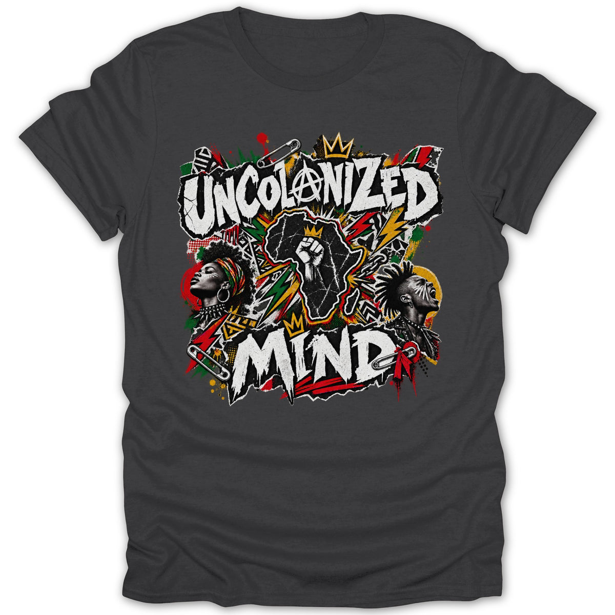 T-shirt graphic with text "UNCOLONIZED MIND", African map, raised fist, and two portraits.