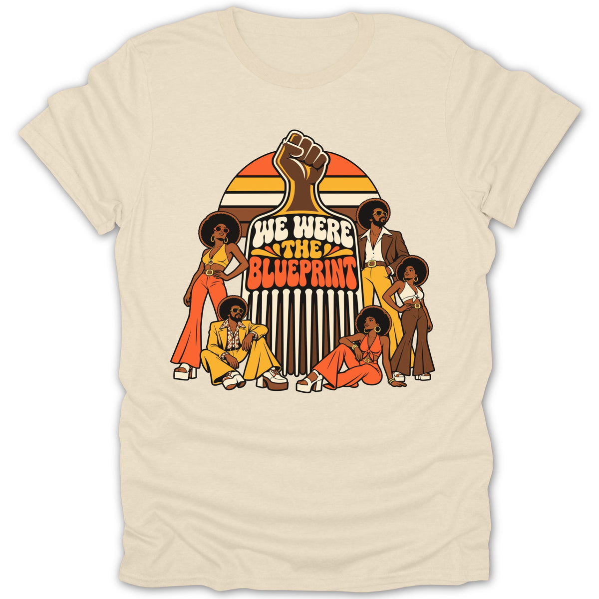 Retro illustration of five people with afros and "We Were The Blueprint" text.