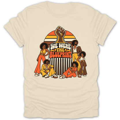 Retro illustration of five people with afros and "We Were The Blueprint" text.