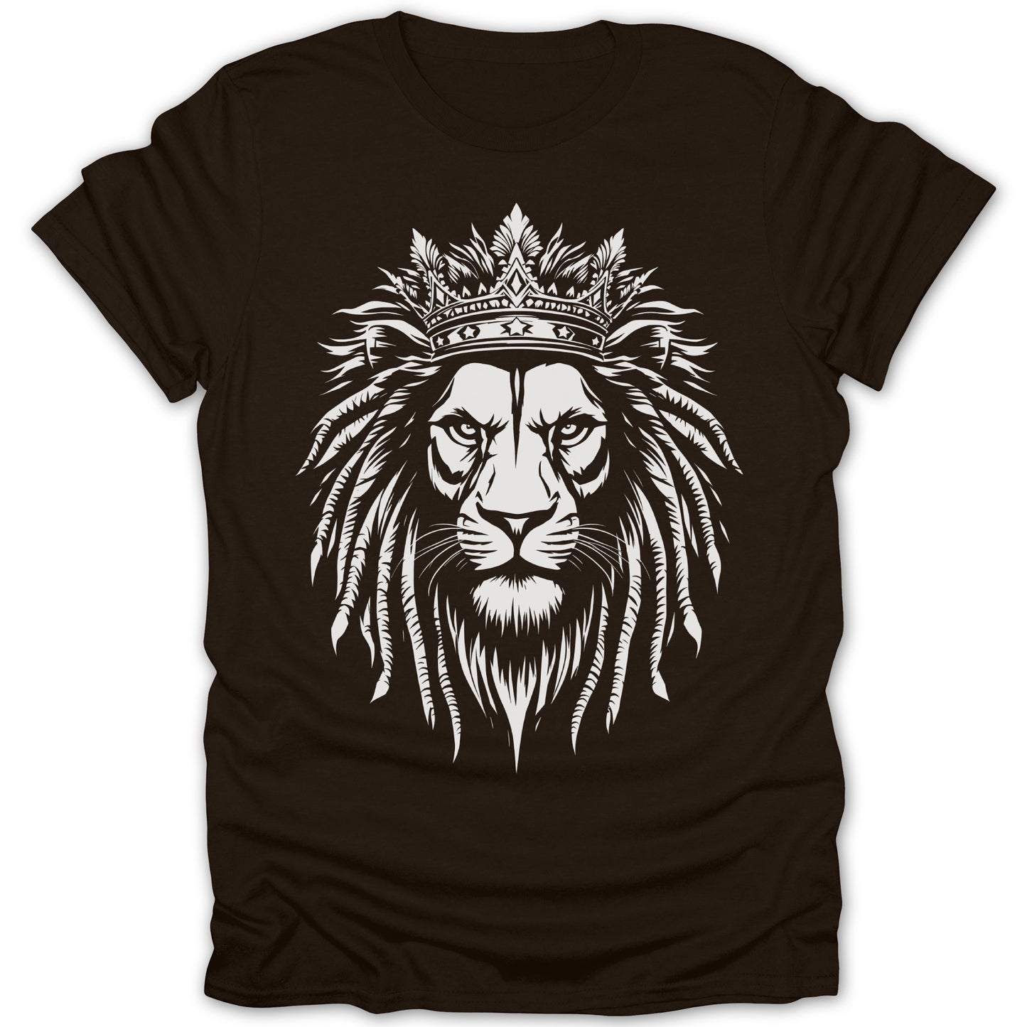 White graphic of a lion wearing a crown on a brown t-shirt.