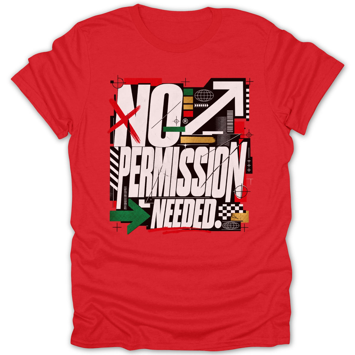 Red t-shirt with bold text "NO PERMISSION NEEDED" and graphic elements.