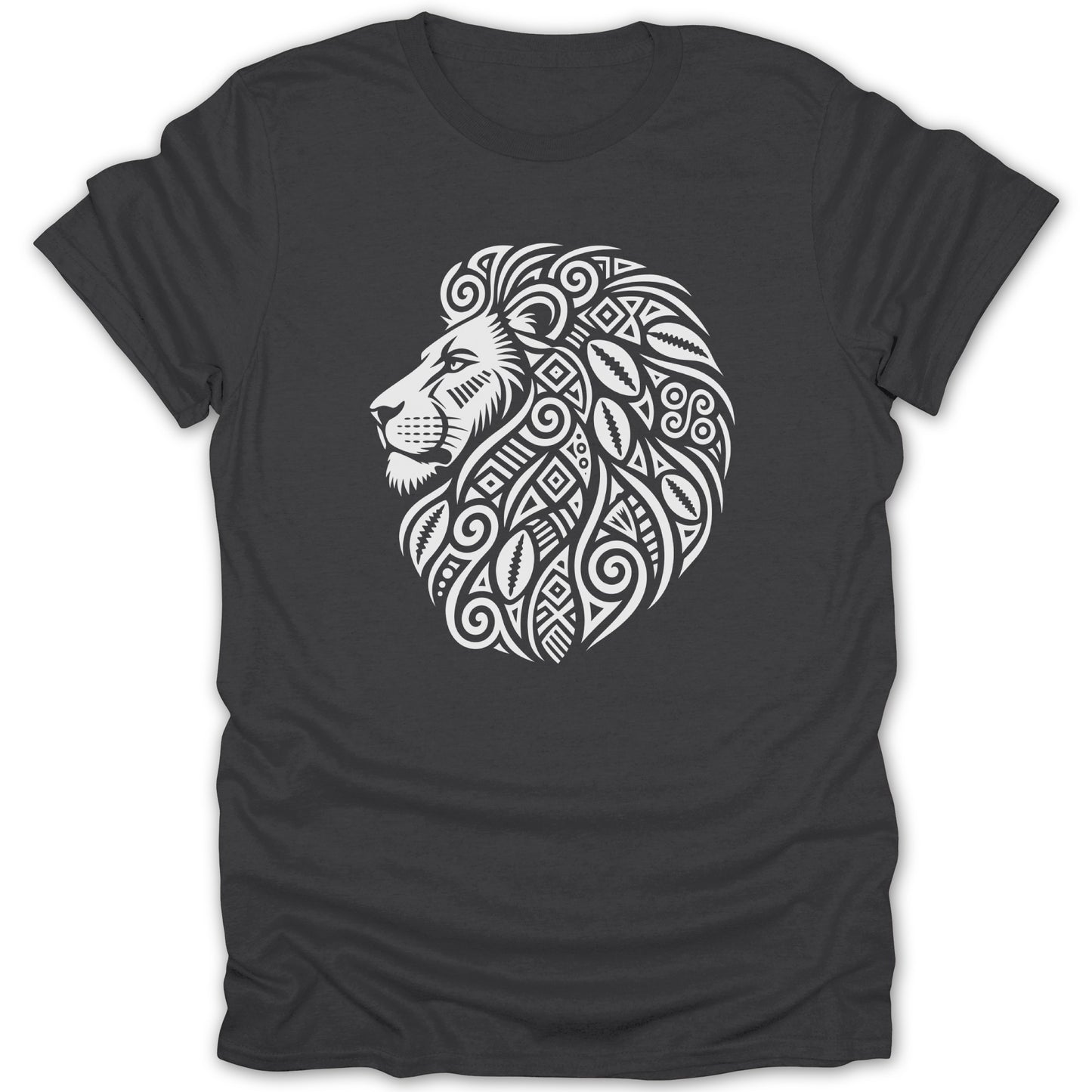 Dark grey t-shirt with a white tribal lion head design on the left chest.