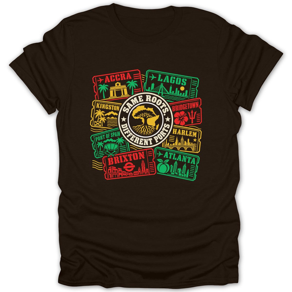 T-shirt with graphic "Same Roots Different Ports" featuring cities and map of Africa.