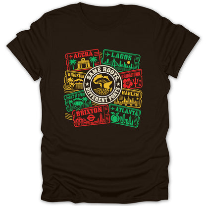 T-shirt with graphic "Same Roots Different Ports" featuring cities and map of Africa.