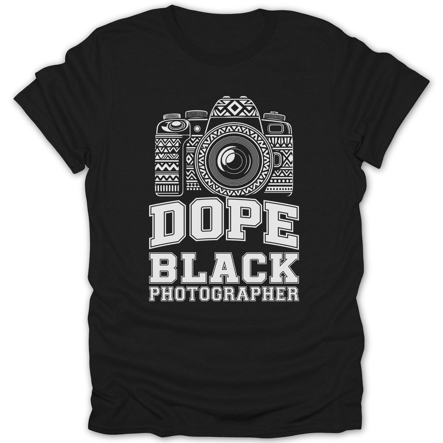 Black t-shirt with "DOPE BLACK PHOTOGRAPHER" and a stylized camera graphic.