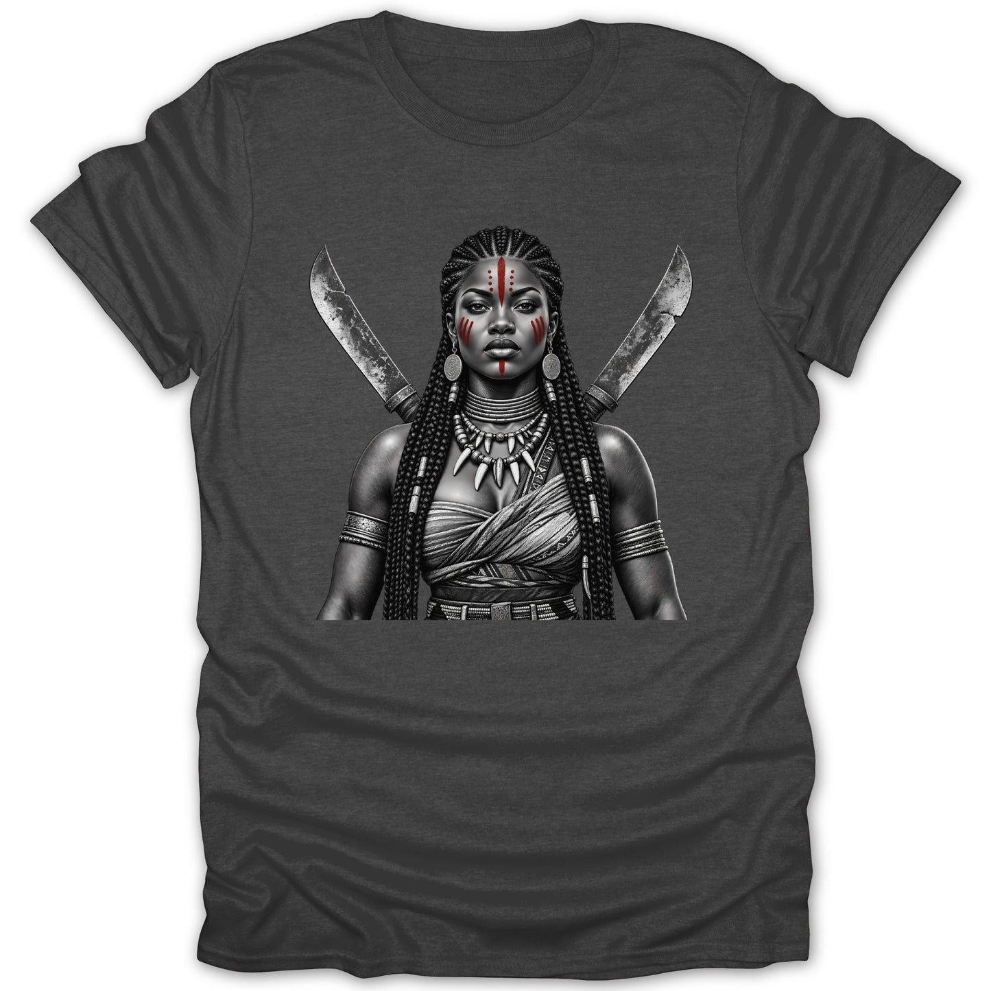 Woman with braided hair, face paint, necklaces, and knives crossed behind her back.