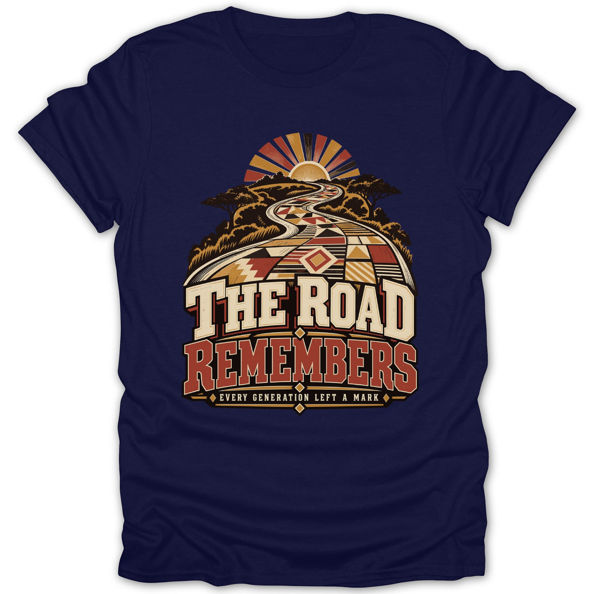 Dark navy t-shirt with "The Road Remembers" and "Every generation left a mark" text.