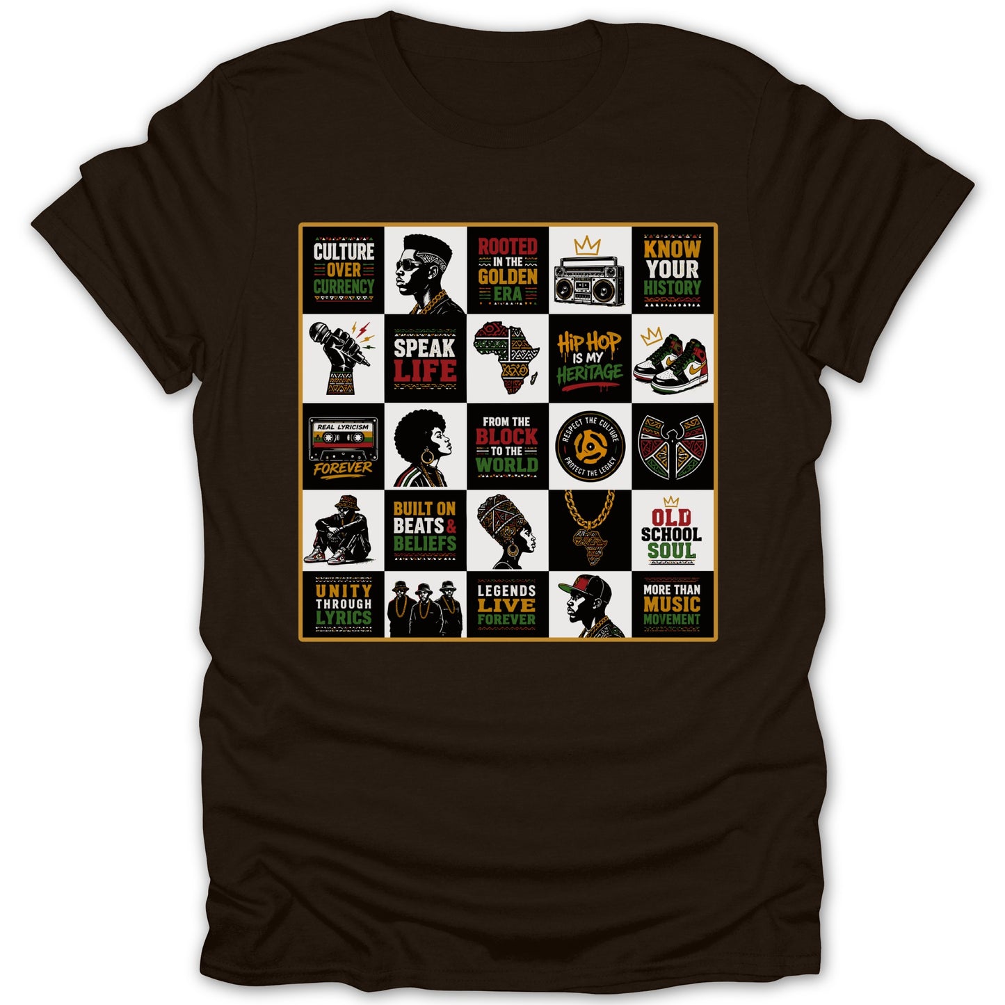 Brown t-shirt with a collage of hip-hop culture and African heritage graphics.