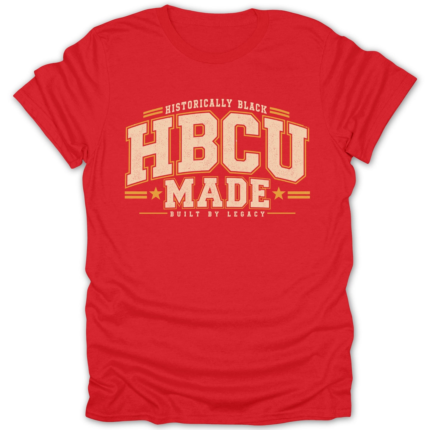 Red t-shirt with "HBCU Made Built by Legacy" text in distressed vintage style.